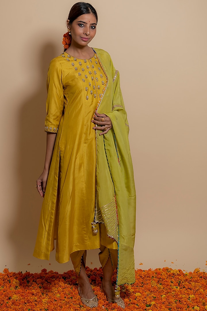 Mustard Silk Embroidered A-Line Kurta Set by KALAKARI BY AKANKSHA