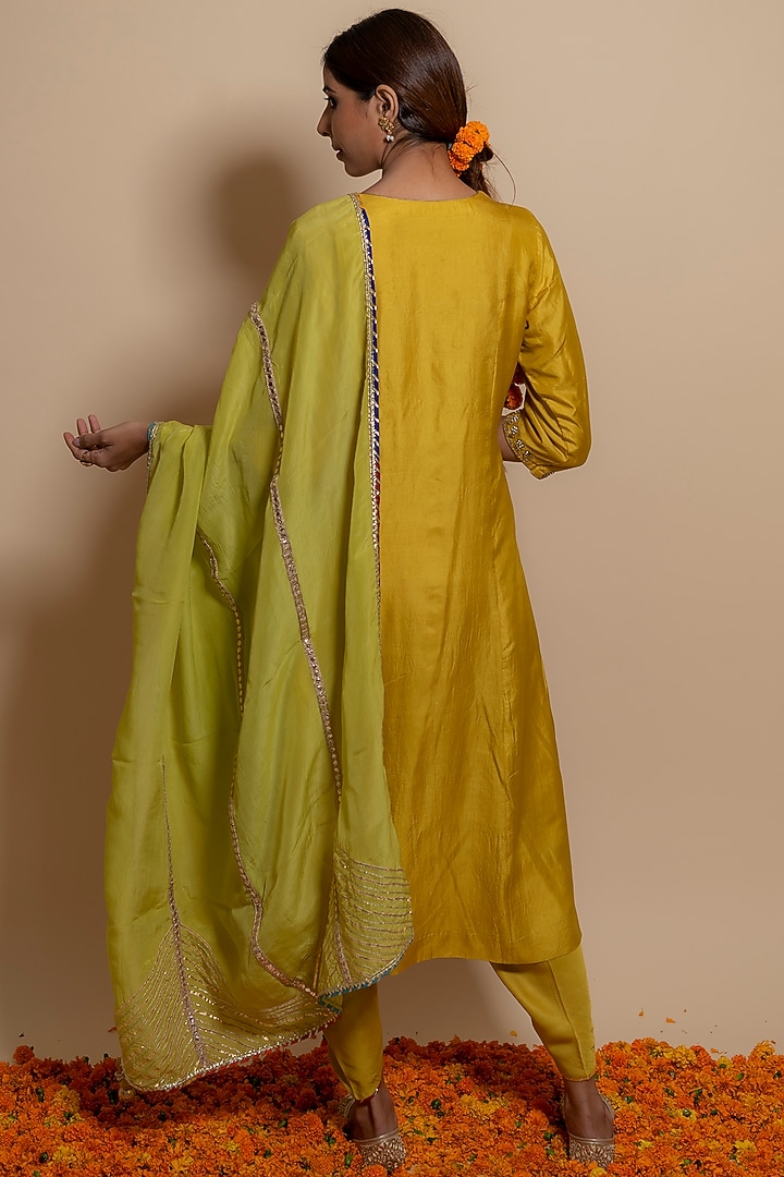 Mustard Silk Embroidered A-Line Kurta Set by KALAKARI BY AKANKSHA at Pernia's Pop Up Shop