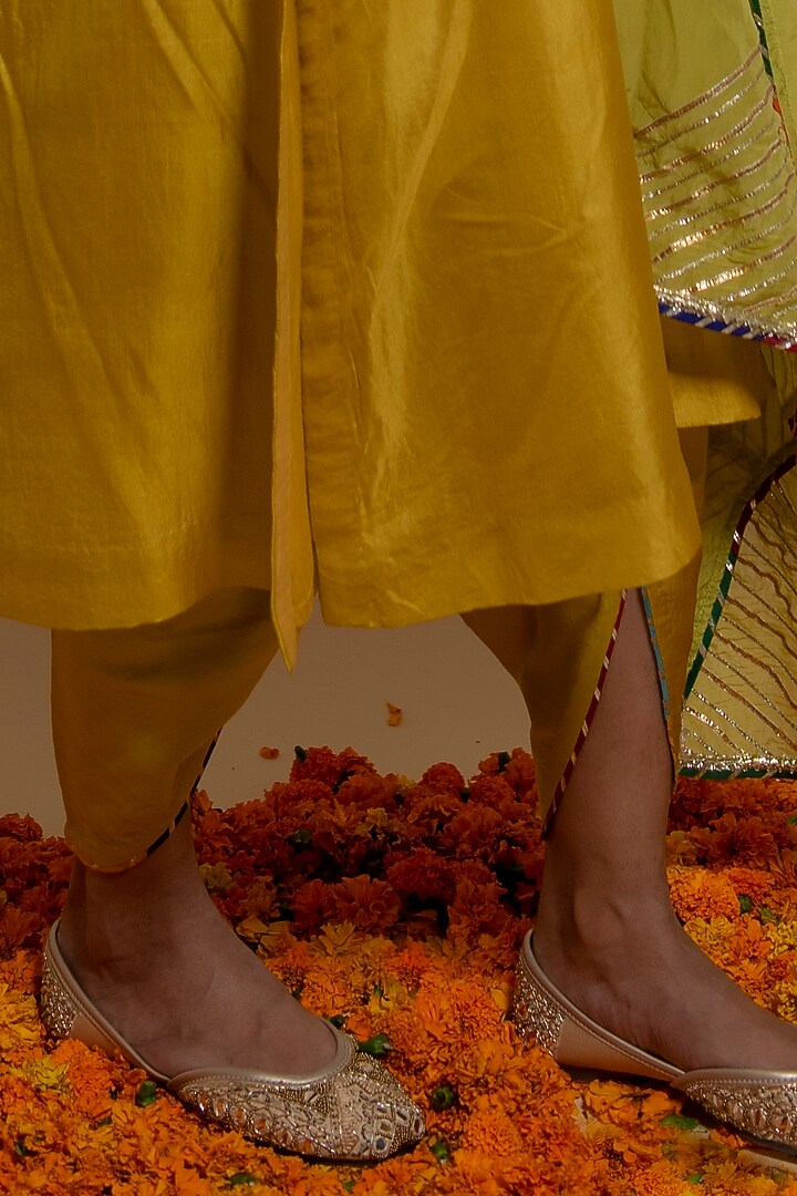 Mustard Silk Embroidered A-Line Kurta Set by KALAKARI BY AKANKSHA at Pernia's Pop Up Shop