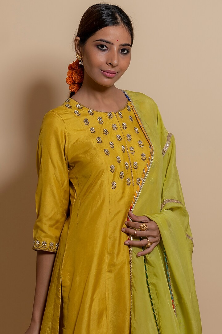 Mustard Silk Embroidered A-Line Kurta Set by KALAKARI BY AKANKSHA at Pernia's Pop Up Shop