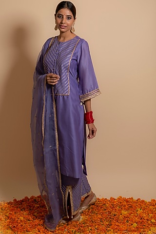 Lilac Upada Silk Embroidered Kurta Set by KALAKARI BY AKANKSHA