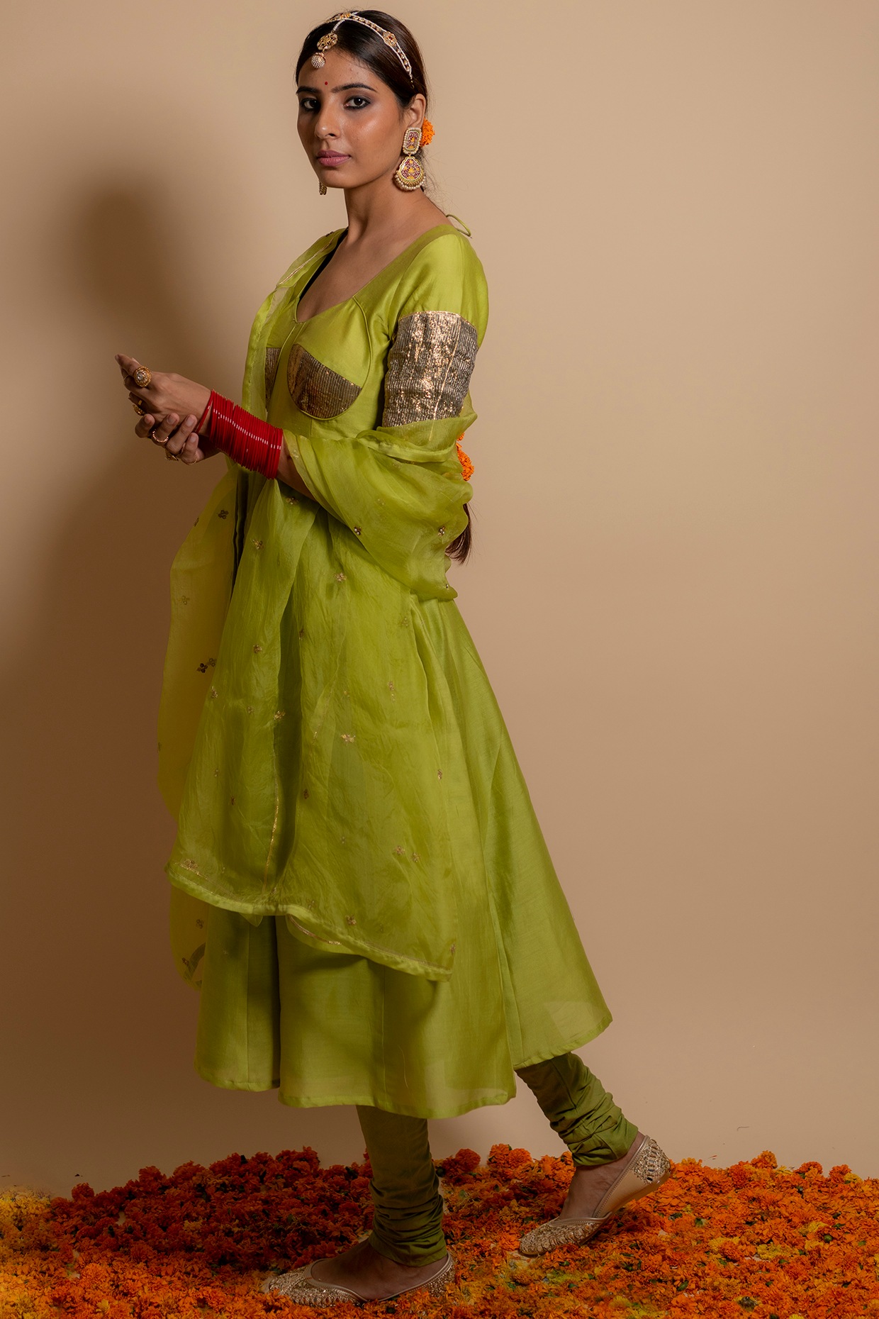 KALAKARI BY AKANKSHA Green Silk Chanderi Anarkali Set