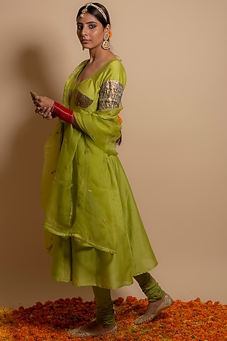 Green Silk Chanderi Anarkali Set by KALAKARI BY AKANKSHA