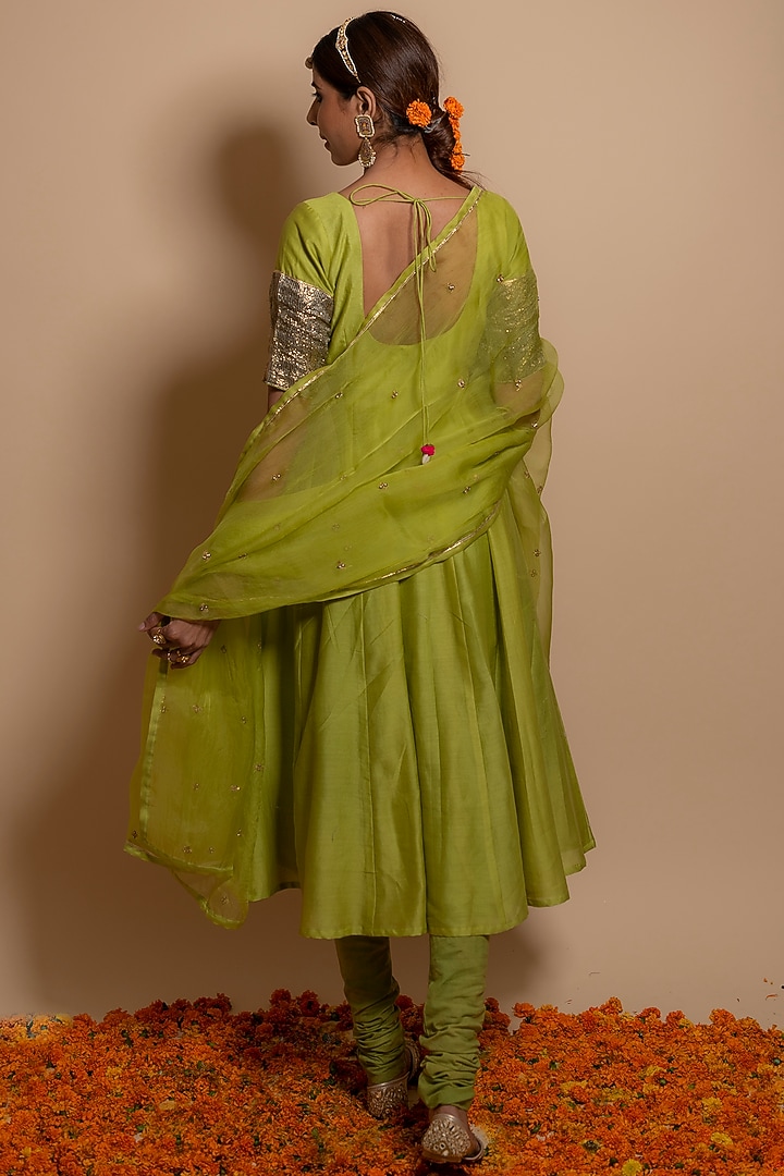 Green Silk Chanderi Party Wear Anarkali Set by KALAKARI BY AKANKSHA at Pernia's Pop Up Shop