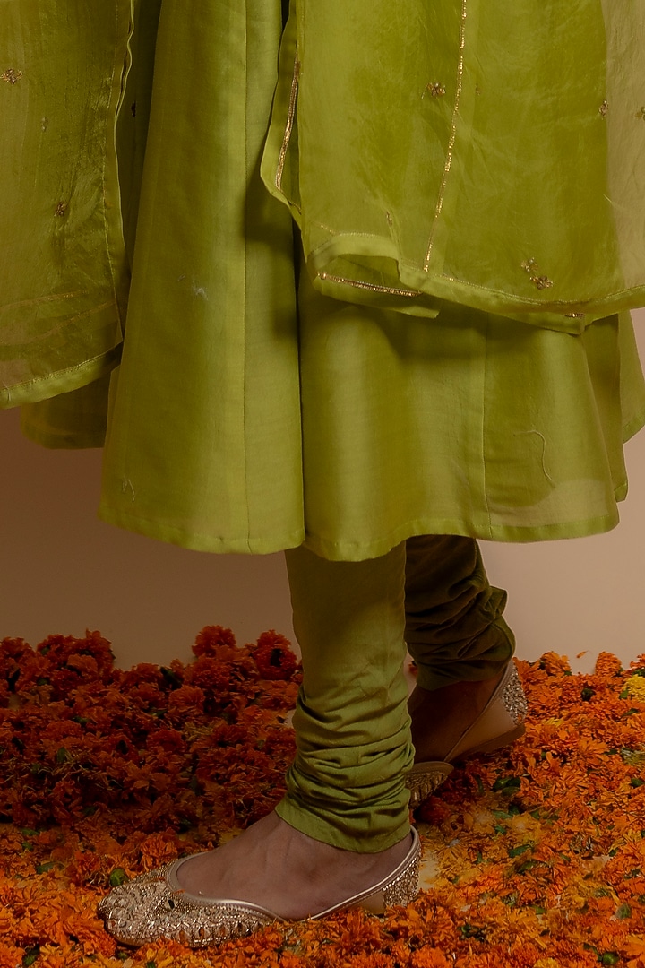 Green Silk Chanderi Party Wear Anarkali Set by KALAKARI BY AKANKSHA at Pernia's Pop Up Shop