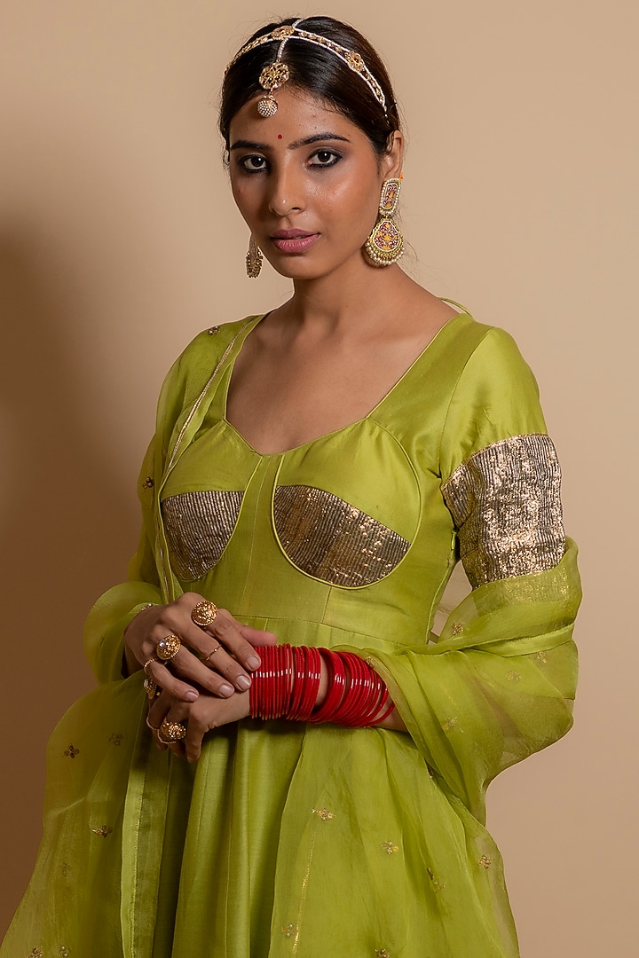 Green Silk Chanderi Party Wear Anarkali Set by KALAKARI BY AKANKSHA at Pernia's Pop Up Shop