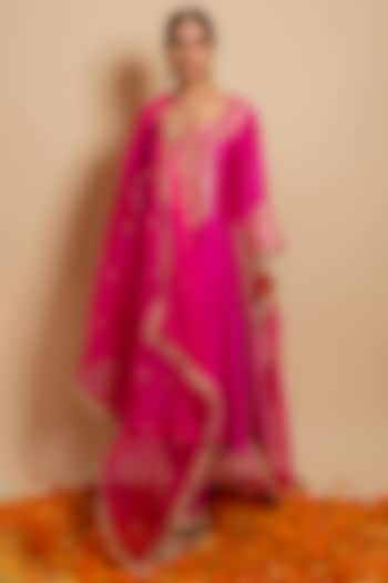 Fuchsia Silk Chanderi A-Line Kurta Set by KALAKARI