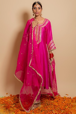 Fuchsia Silk Chanderi A-Line Kurta Set by KALAKARI BY AKANKSHA