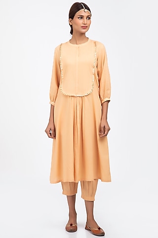 Canyon Peach Embroidered A-Line Kurta Set by KALAKARI BY AKANKSHA