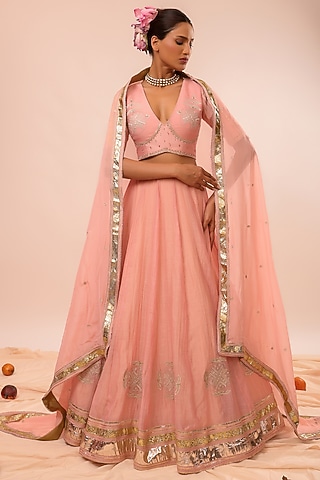Pink Pure Silk Chanderi Gota Embroidered Kalidar Lehenga Set by KALAKARI BY AKANKSHA