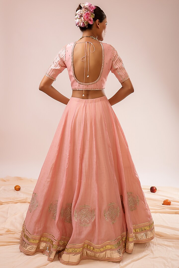 Pink Pure Silk Chanderi Gota Embroidered Kalidar Wedding Lehenga Set by KALAKARI BY AKANKSHA at Pernia's Pop Up Shop
