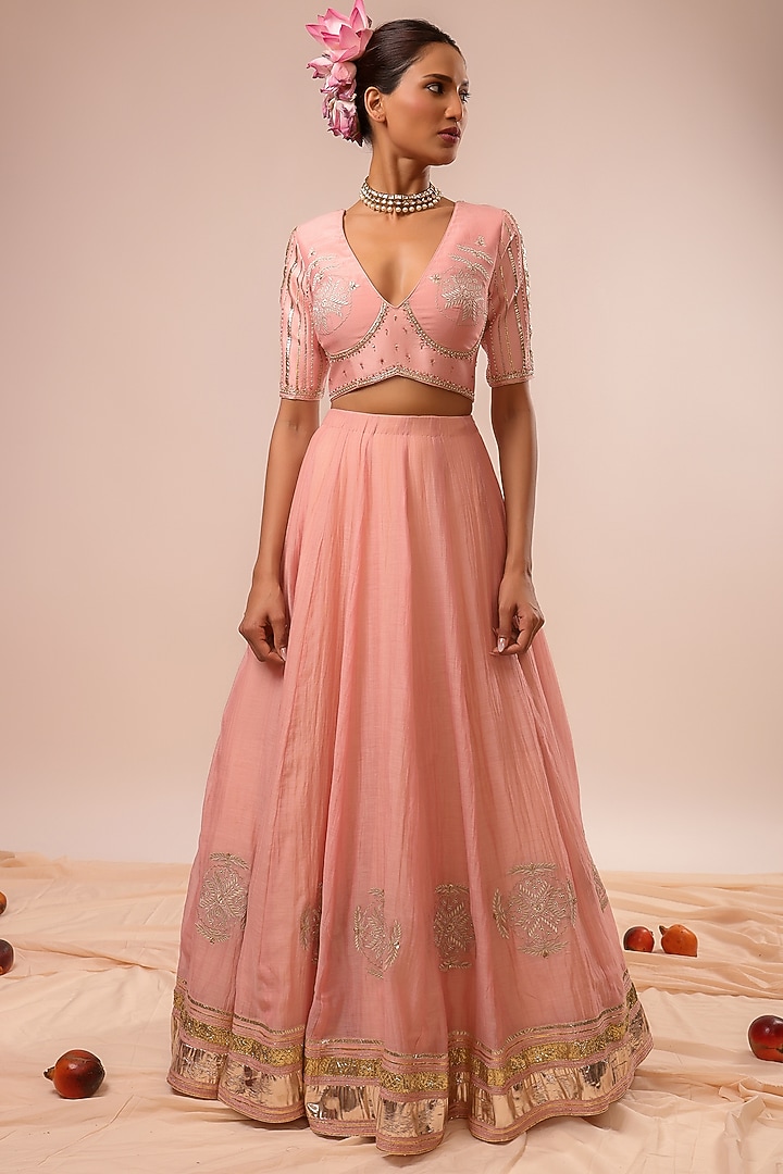Pink Pure Silk Chanderi Gota Embroidered Kalidar Wedding Lehenga Set by KALAKARI BY AKANKSHA at Pernia's Pop Up Shop