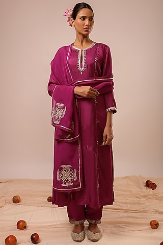 Purple Pure Silk Chanderi Hand Embroidered A-line Kurta Set by KALAKARI BY AKANKSHA
