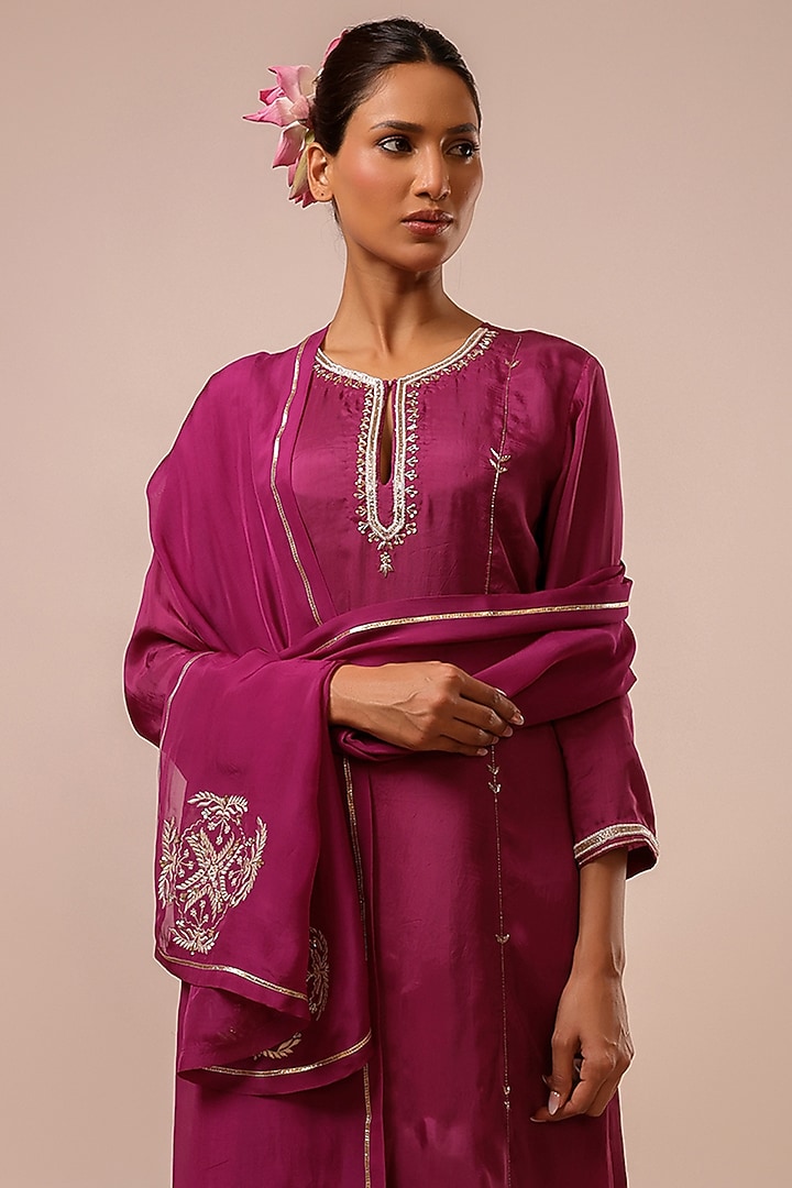 Purple Pure Silk Chanderi Hand Embroidered A-line Kurta Set by KALAKARI BY AKANKSHA at Pernia's Pop Up Shop