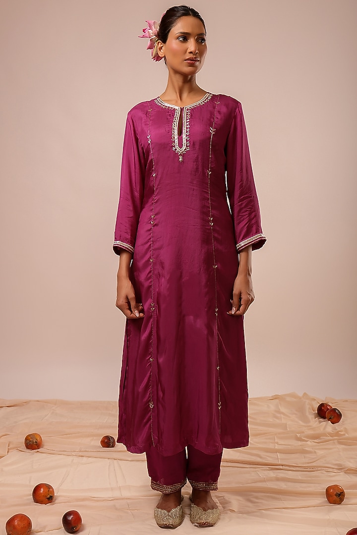 Purple Pure Silk Chanderi Hand Embroidered A-line Kurta Set by KALAKARI BY AKANKSHA at Pernia's Pop Up Shop