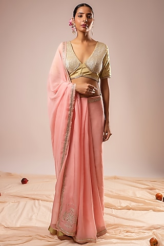 Pink Organza Hand & Machine Embroidered Saree Set by KALAKARI BY AKANKSHA