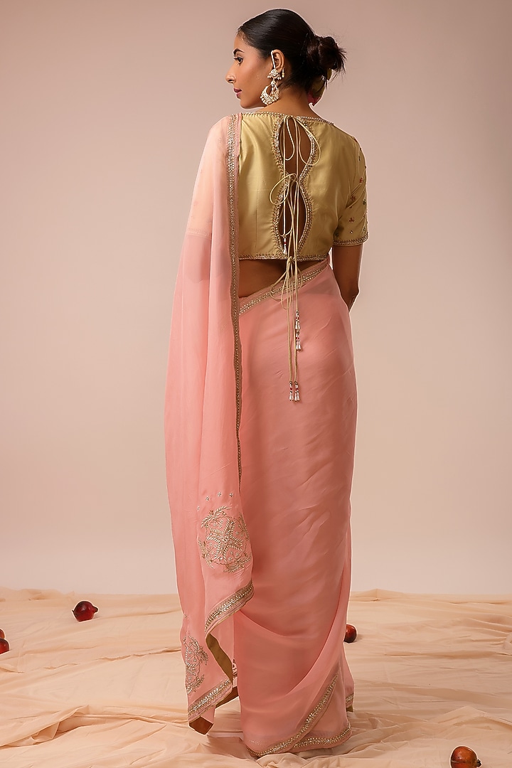 Pink Organza Hand & Machine Embroidered Party Wear Saree Set by KALAKARI BY AKANKSHA at Pernia's Pop Up Shop