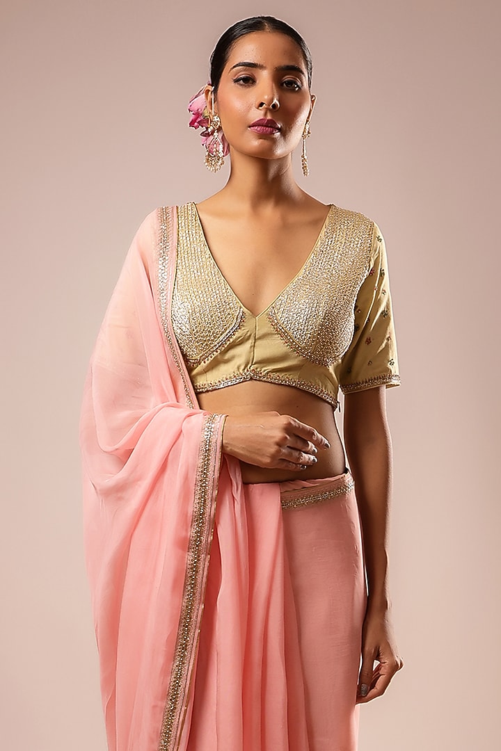 Pink Organza Hand & Machine Embroidered Party Wear Saree Set by KALAKARI BY AKANKSHA at Pernia's Pop Up Shop