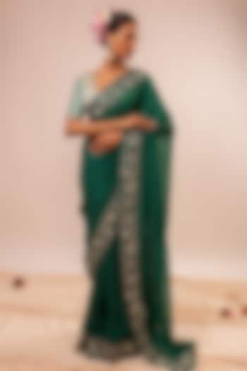 Dark Green Organza Hand & Machine Embroidered Party Wear Saree Set by KALAKARI BY AKANKSHA at Pernia's Pop Up Shop