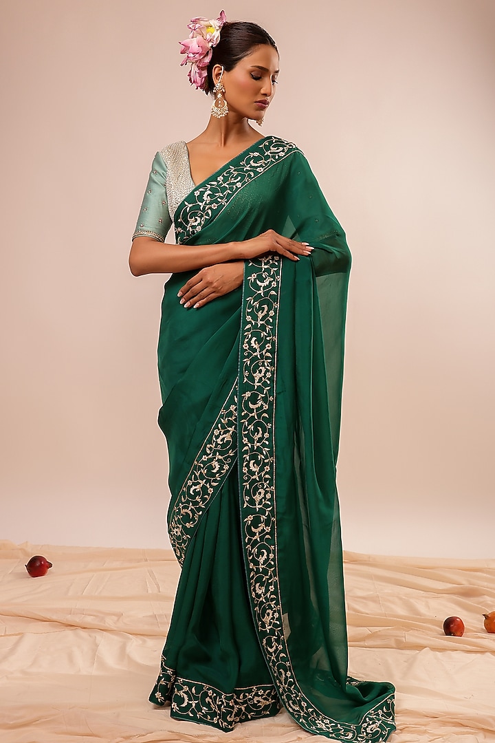 Dark Green Organza Hand & Machine Embroidered Party Wear Saree Set by KALAKARI BY AKANKSHA at Pernia's Pop Up Shop