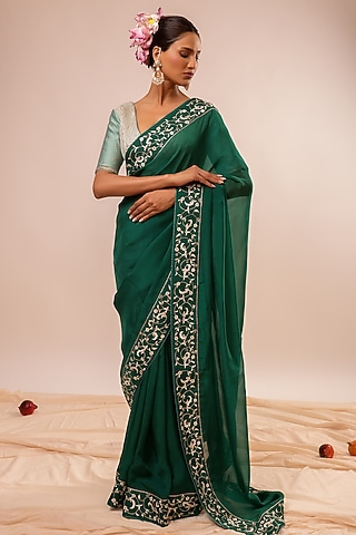 Dark Green Organza Hand & Machine Embroidered Saree Set by KALAKARI BY AKANKSHA