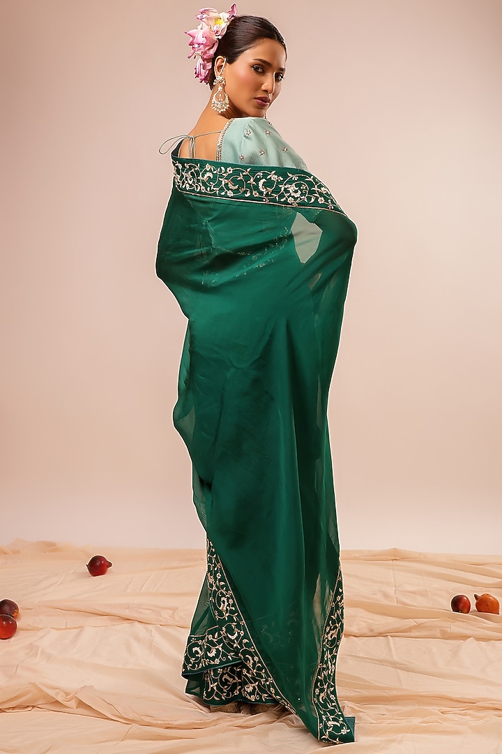 Dark Green Organza Hand & Machine Embroidered Party Wear Saree Set by KALAKARI BY AKANKSHA at Pernia's Pop Up Shop