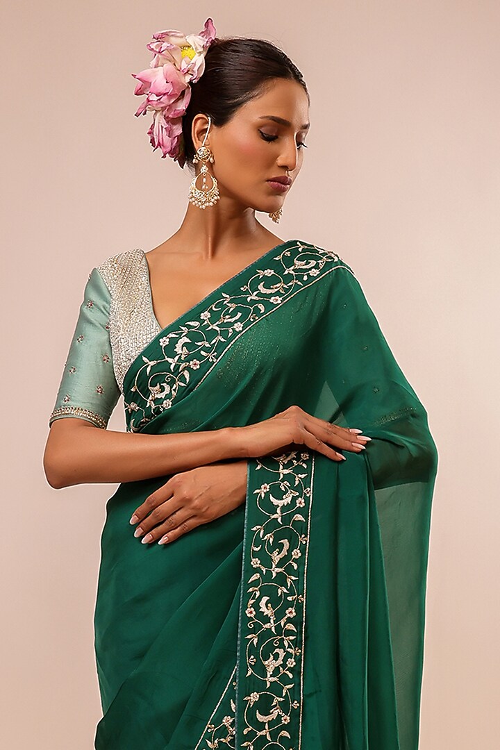 Dark Green Organza Hand & Machine Embroidered Party Wear Saree Set by KALAKARI BY AKANKSHA at Pernia's Pop Up Shop
