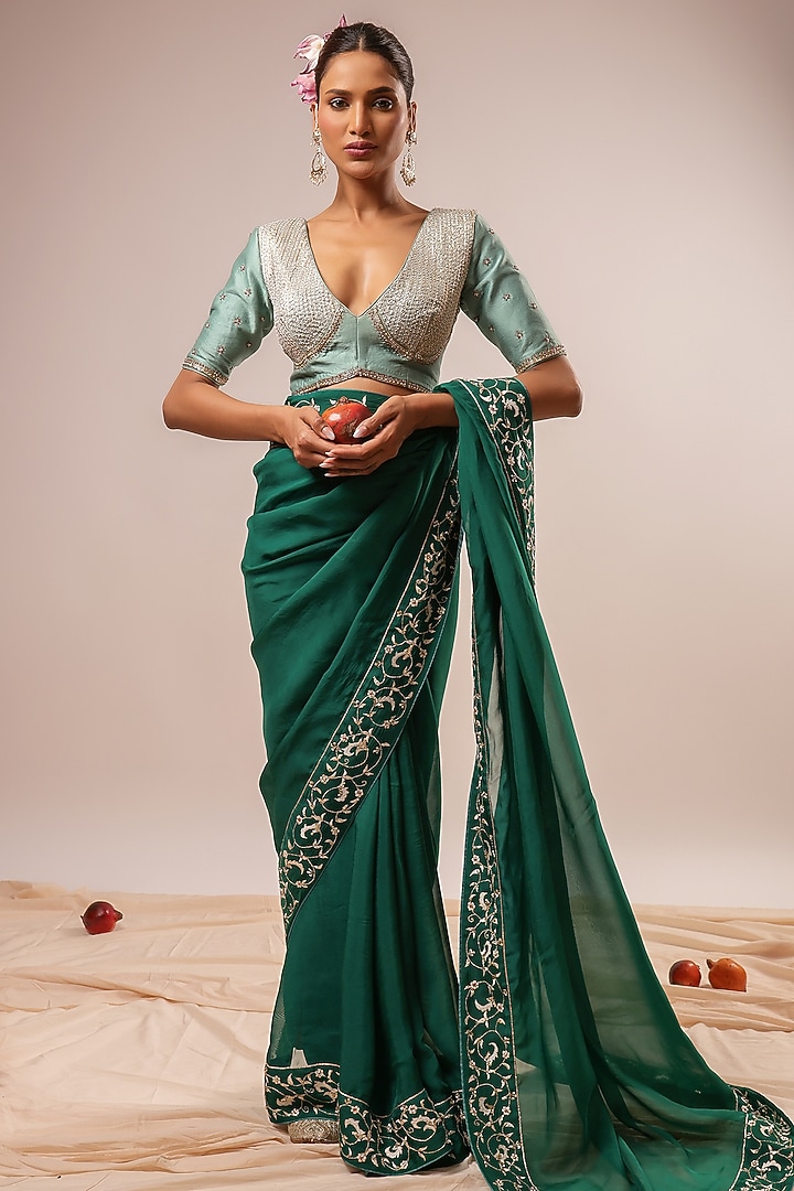Dark Green Organza Hand & Machine Embroidered Party Wear Saree Set by KALAKARI BY AKANKSHA at Pernia's Pop Up Shop