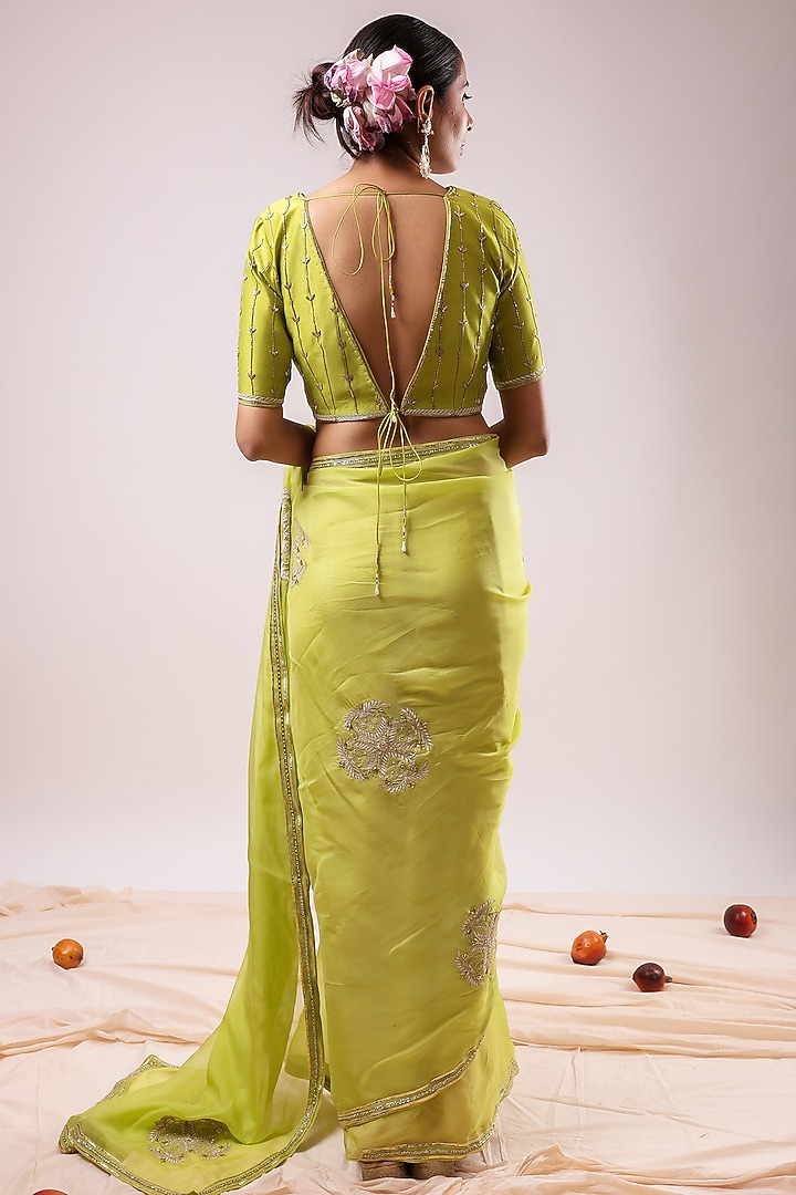 Light Green Organza Hand & Machine Embroidered Wedding Saree Set by KALAKARI BY AKANKSHA at Pernia's Pop Up Shop