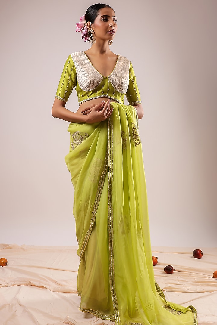 Light Green Organza Hand & Machine Embroidered Wedding Saree Set by KALAKARI BY AKANKSHA at Pernia's Pop Up Shop