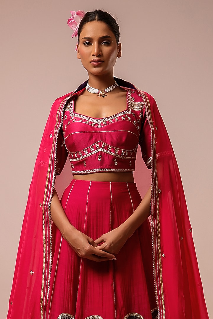 Magenta Pink Pure Silk Chanderi Hand Embroidered Kalidar Wedding Lehenga Set by KALAKARI BY AKANKSHA at Pernia's Pop Up Shop