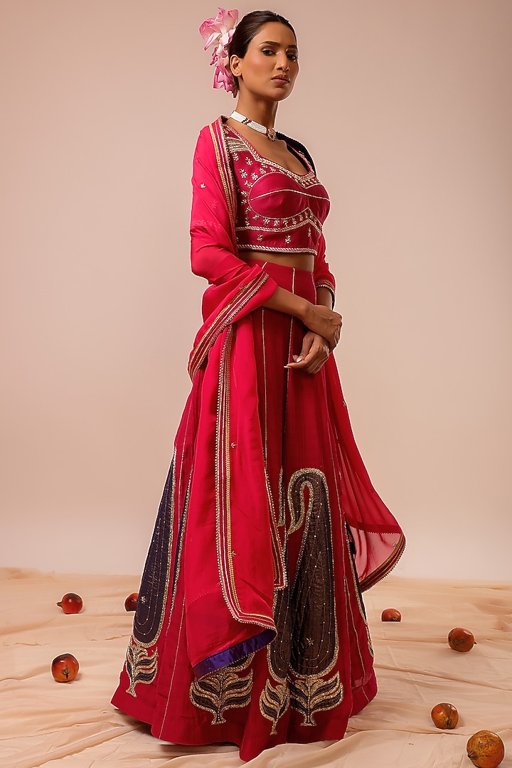 Magenta Pink Pure Silk Chanderi Hand Embroidered Kalidar Wedding Lehenga Set by KALAKARI BY AKANKSHA at Pernia's Pop Up Shop