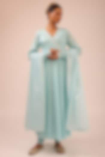 Aqua Blue Pure Cotton Machine Embroidered Party Wear Anarkali Set by KALAKARI BY AKANKSHA at Pernia's Pop Up Shop