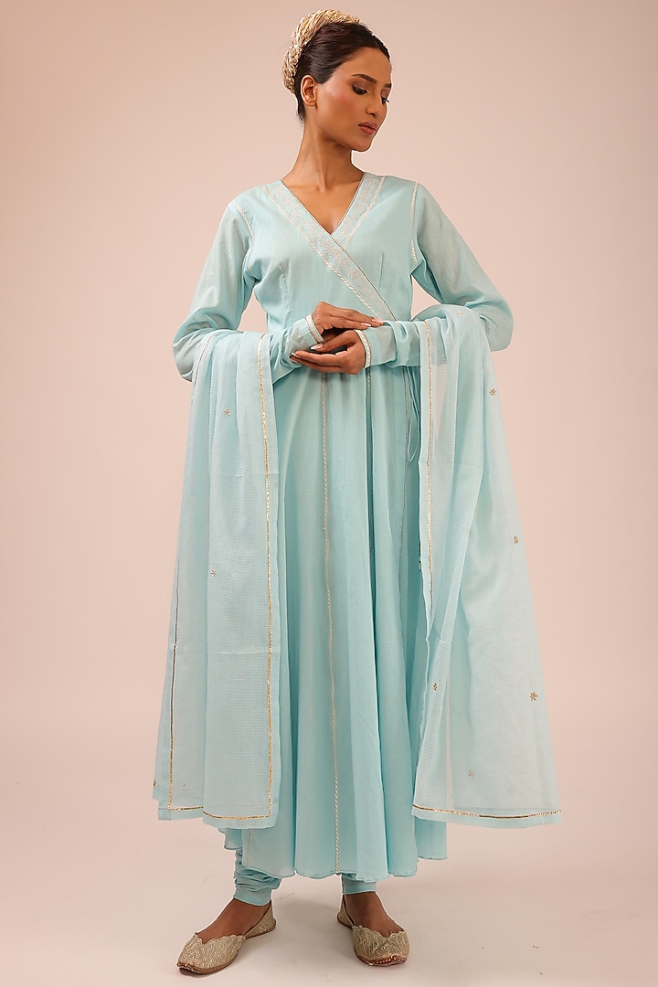Aqua Blue Pure Cotton Machine Embroidered Party Wear Anarkali Set by KALAKARI BY AKANKSHA at Pernia's Pop Up Shop