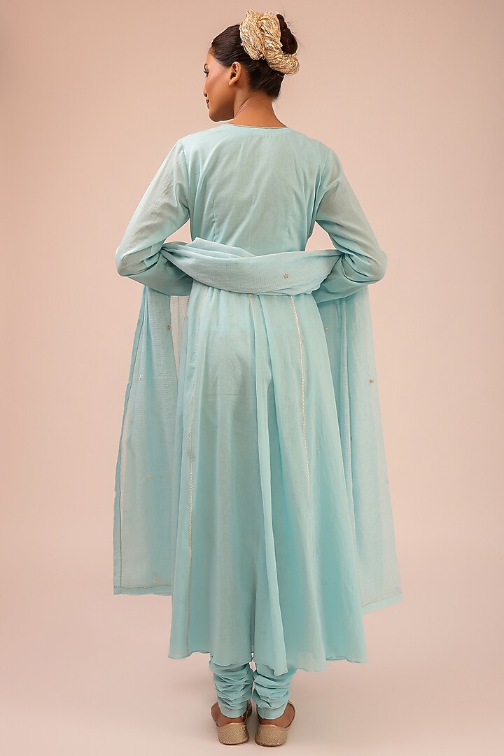 Aqua Blue Pure Cotton Machine Embroidered Party Wear Anarkali Set by KALAKARI BY AKANKSHA at Pernia's Pop Up Shop