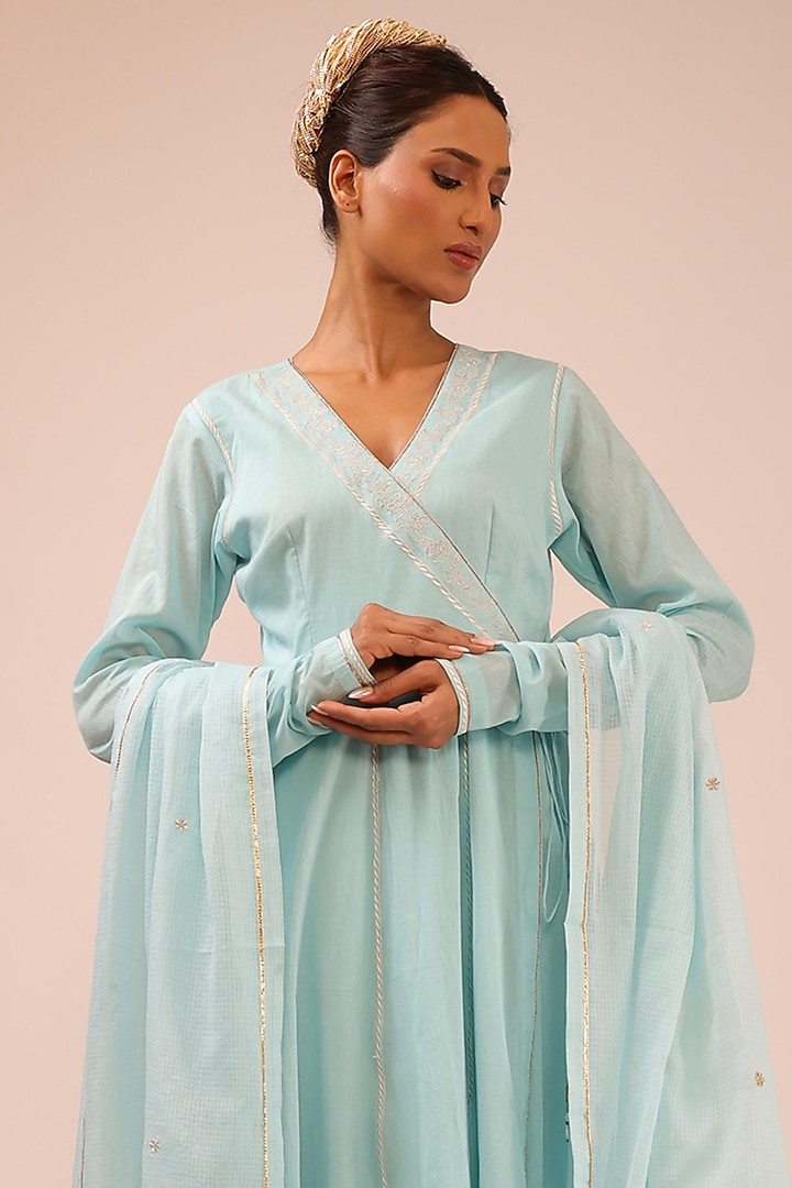 Aqua Blue Pure Cotton Machine Embroidered Party Wear Anarkali Set by KALAKARI BY AKANKSHA at Pernia's Pop Up Shop