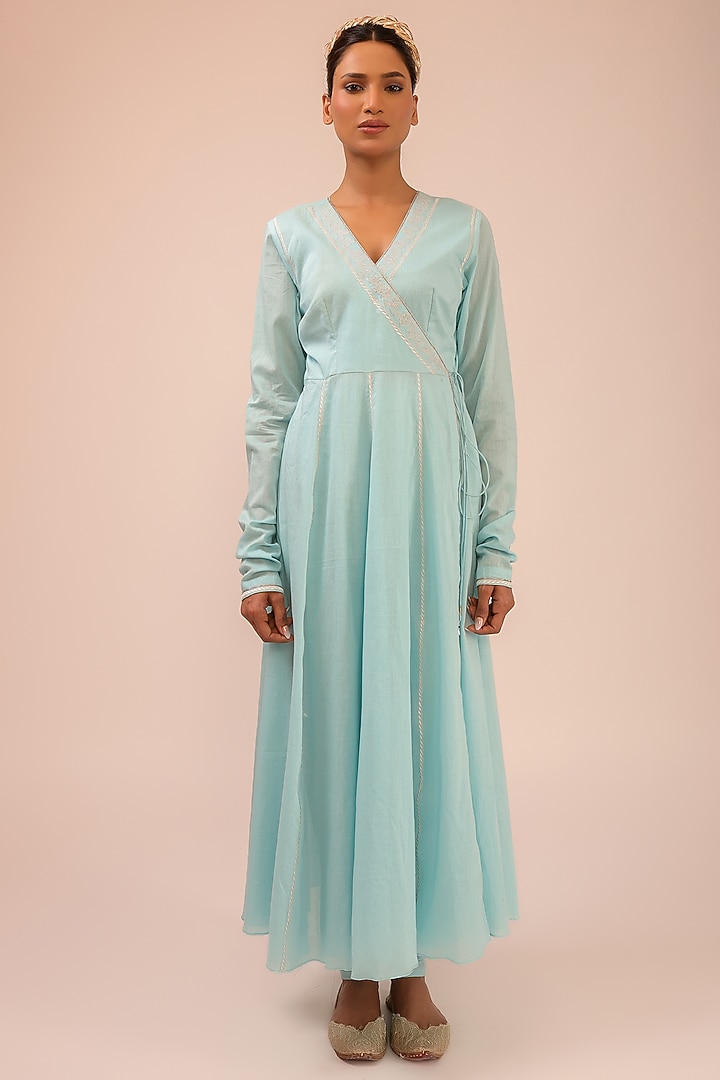 Aqua Blue Pure Cotton Machine Embroidered Party Wear Anarkali Set by KALAKARI BY AKANKSHA at Pernia's Pop Up Shop