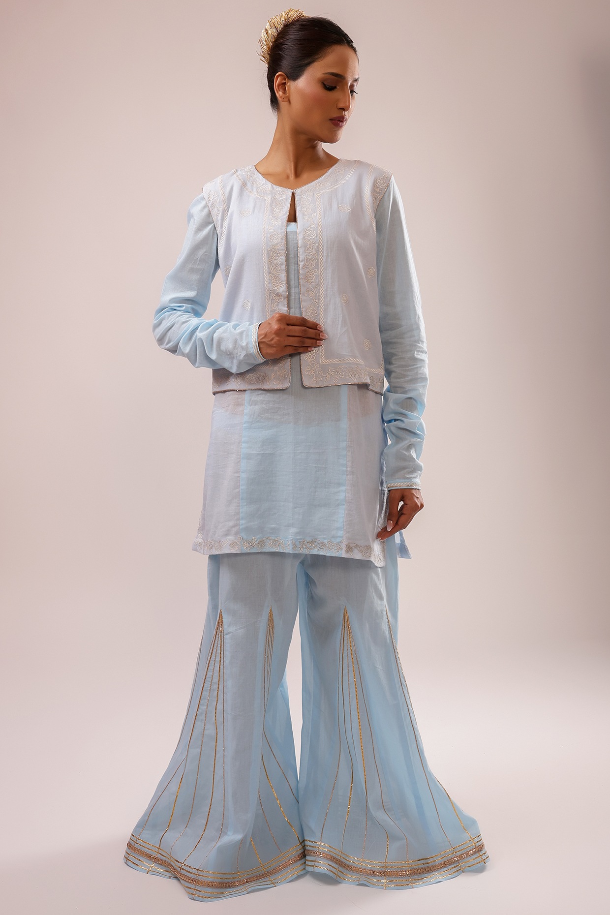 KALAKARI BY AKANKSHA Blue Pure Cotton Machine Embroidered Jacket Set