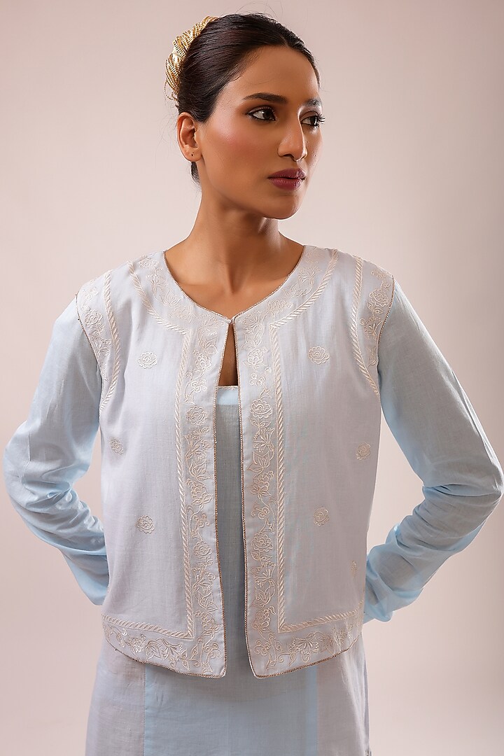 Blue Pure Cotton Machine Embroidered Jacket Set by KALAKARI BY AKANKSHA at Pernia's Pop Up Shop