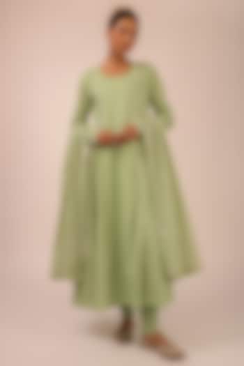 Green Pure Cotton Machine Embroidered Kalidar Party Wear Anarkali Set by KALAKARI BY AKANKSHA at Pernia's Pop Up Shop