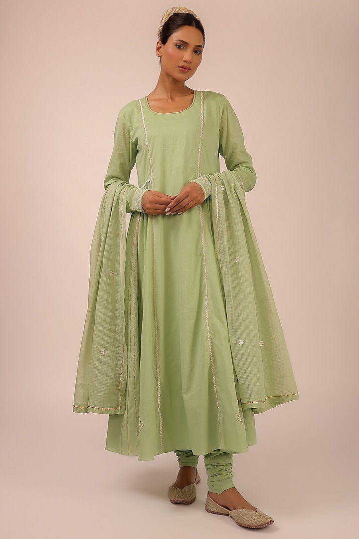 Green Pure Cotton Machine Embroidered Kalidar Party Wear Anarkali Set by KALAKARI BY AKANKSHA at Pernia's Pop Up Shop