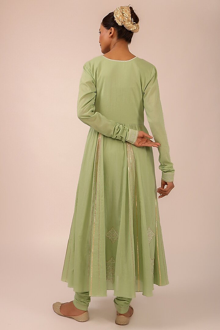 Green Pure Cotton Machine Embroidered Kalidar Party Wear Anarkali Set by KALAKARI BY AKANKSHA at Pernia's Pop Up Shop