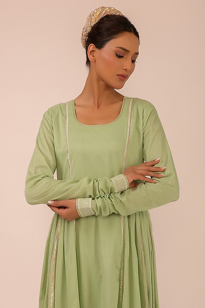 Green Pure Cotton Machine Embroidered Kalidar Party Wear Anarkali Set by KALAKARI BY AKANKSHA at Pernia's Pop Up Shop