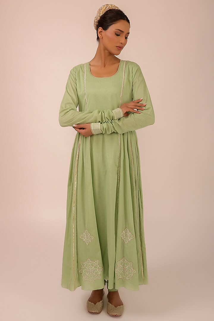 Green Pure Cotton Machine Embroidered Kalidar Party Wear Anarkali Set by KALAKARI BY AKANKSHA at Pernia's Pop Up Shop