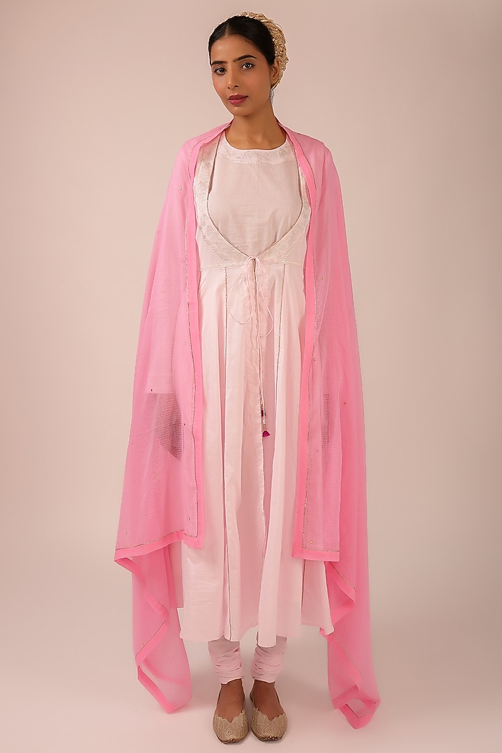 Pink Pure Cotton Machine Embroidered Party Wear Anarkali Set by KALAKARI BY AKANKSHA at Pernia's Pop Up Shop