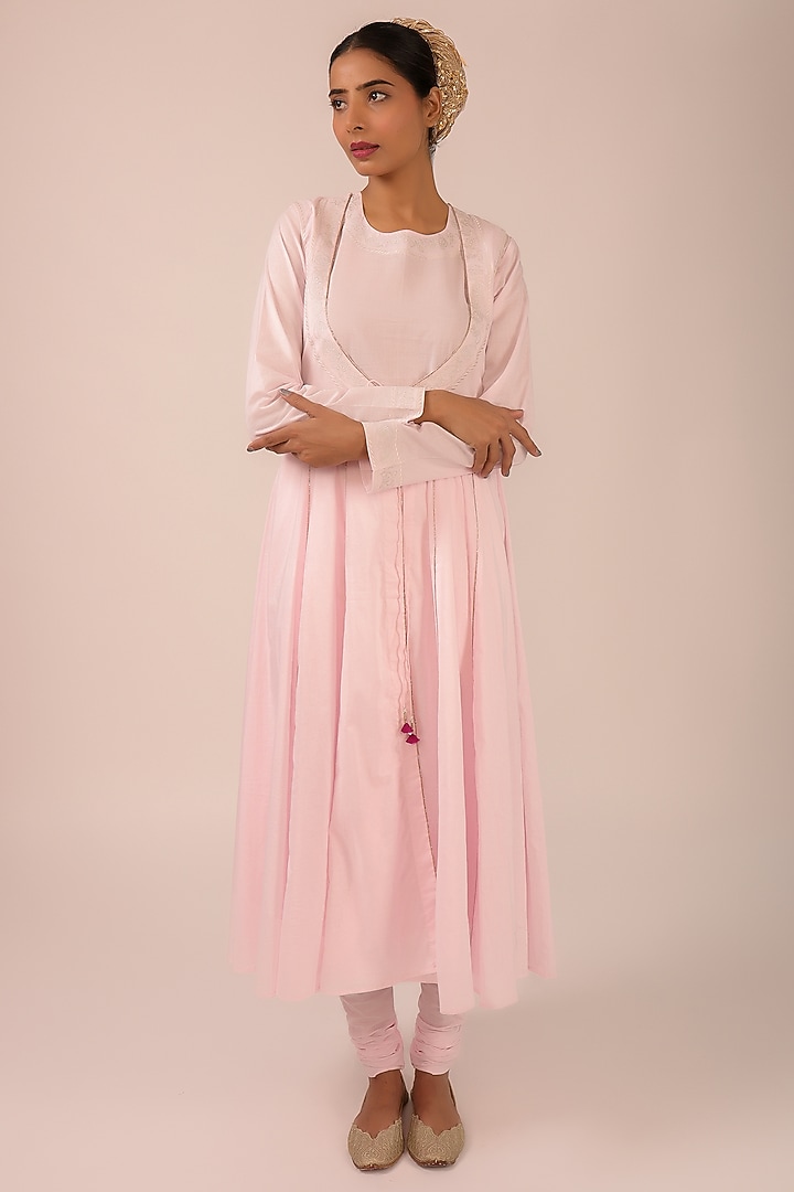 Pink Pure Cotton Machine Embroidered Party Wear Anarkali Set by KALAKARI BY AKANKSHA at Pernia's Pop Up Shop