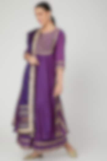 Violet Cotton Silk & Chanderi Embroidered Kurta Set by KALAKARI