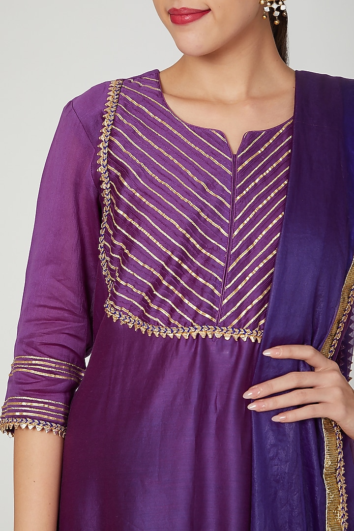 Violet Cotton Silk & Chanderi Embroidered Kurta Set by KALAKARI BY AKANKSHA at Pernia's Pop Up Shop