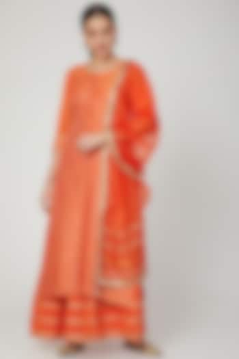 Orange Cotton Silk & Chanderi Embroidered Kurta Set by KALAKARI BY AKANKSHA
