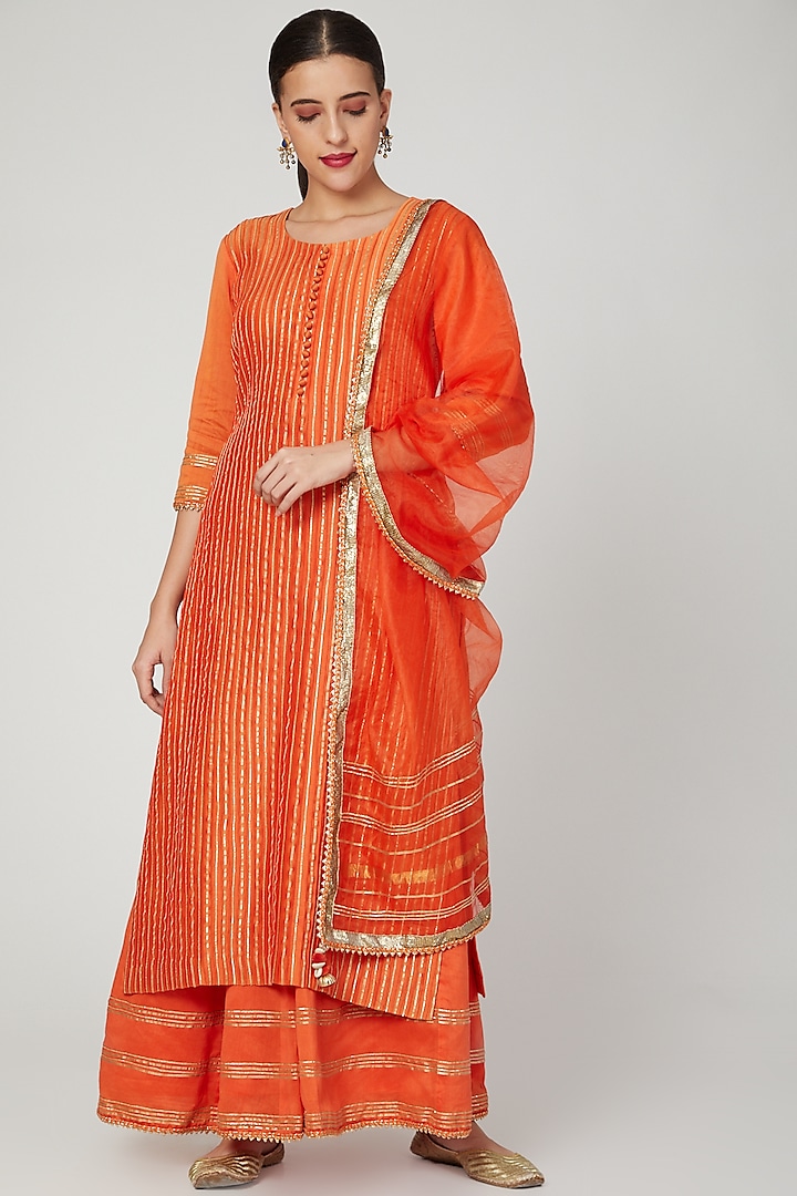Orange Cotton Silk & Chanderi Embroidered Kurta Set by KALAKARI